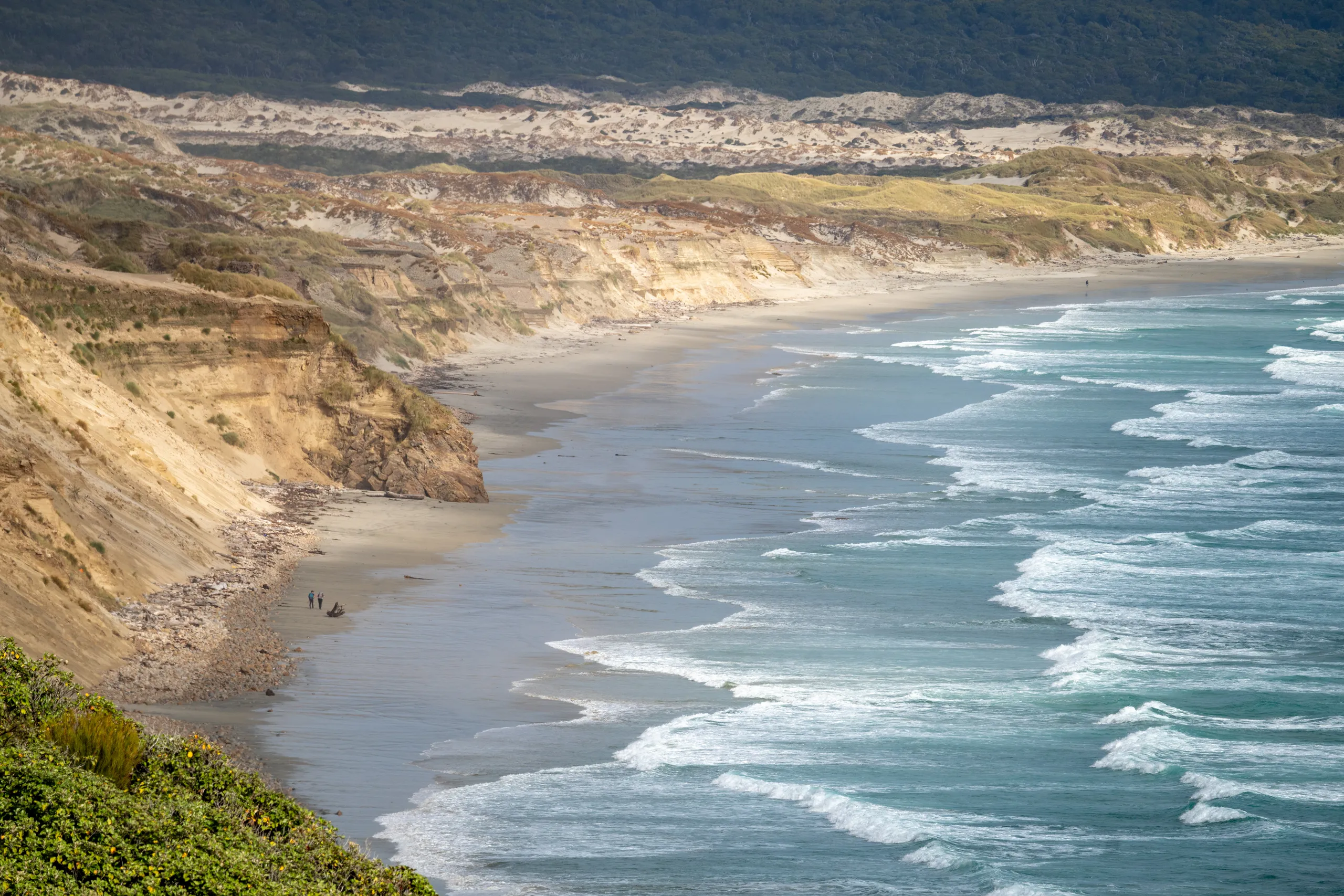 Three hikers on Mason beach. The prominent rock becomes impassable at high tide; the high tide route does not look fun. This photo was taken about two hours after a 2.7m high tide. Green marram grass is present on the foredunes on the right.