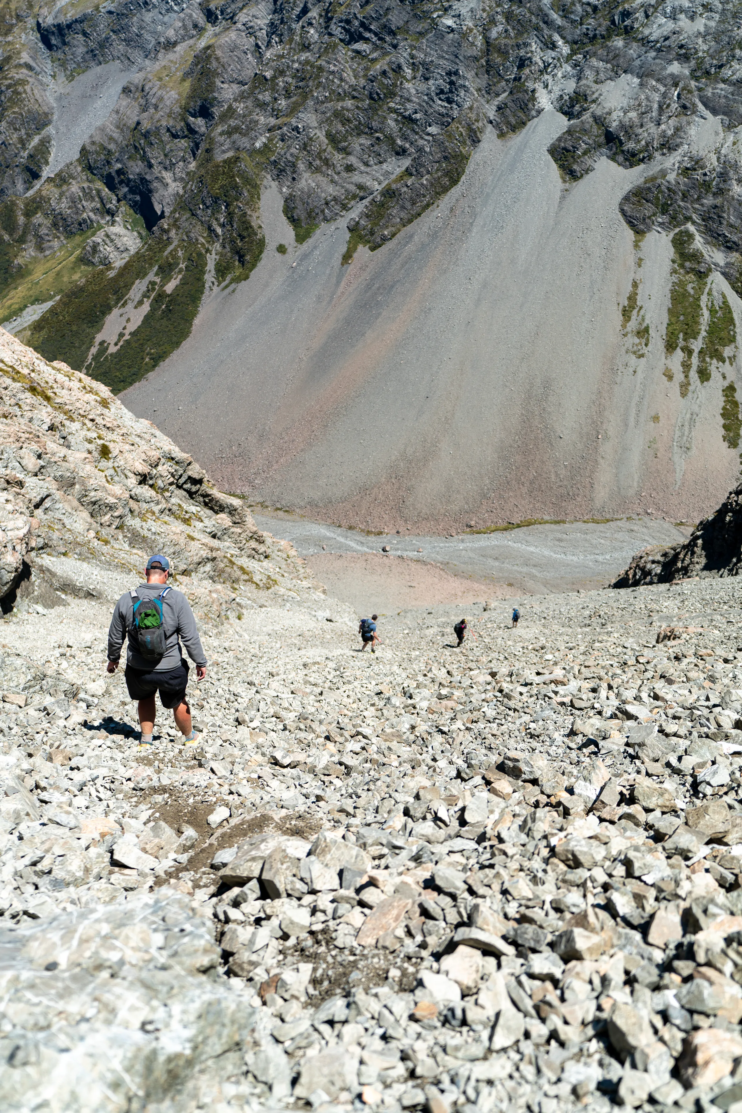 Heading down the scree to Crow Valley