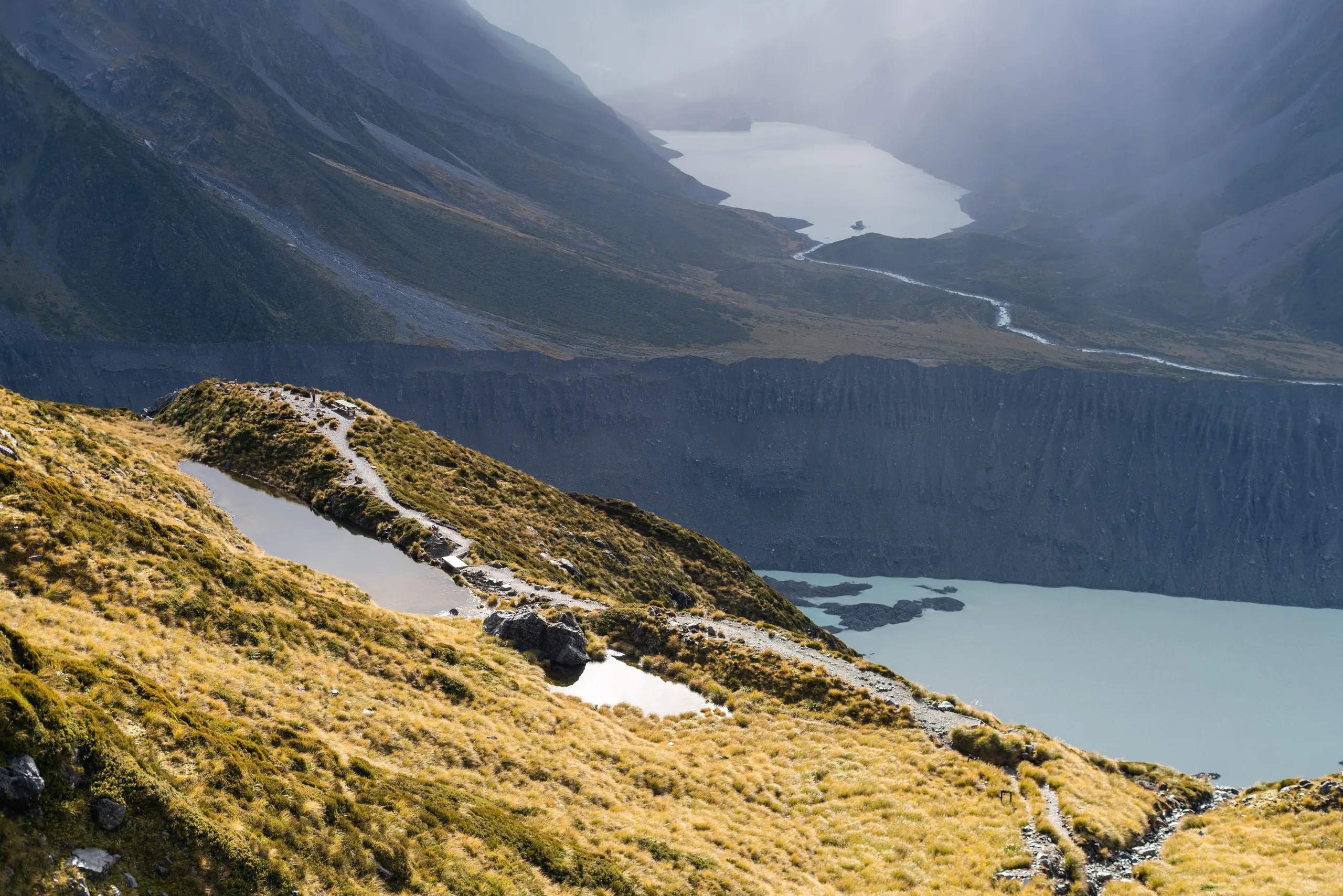 Sealy Tarns viewed from above, with Hooker Lake in the background