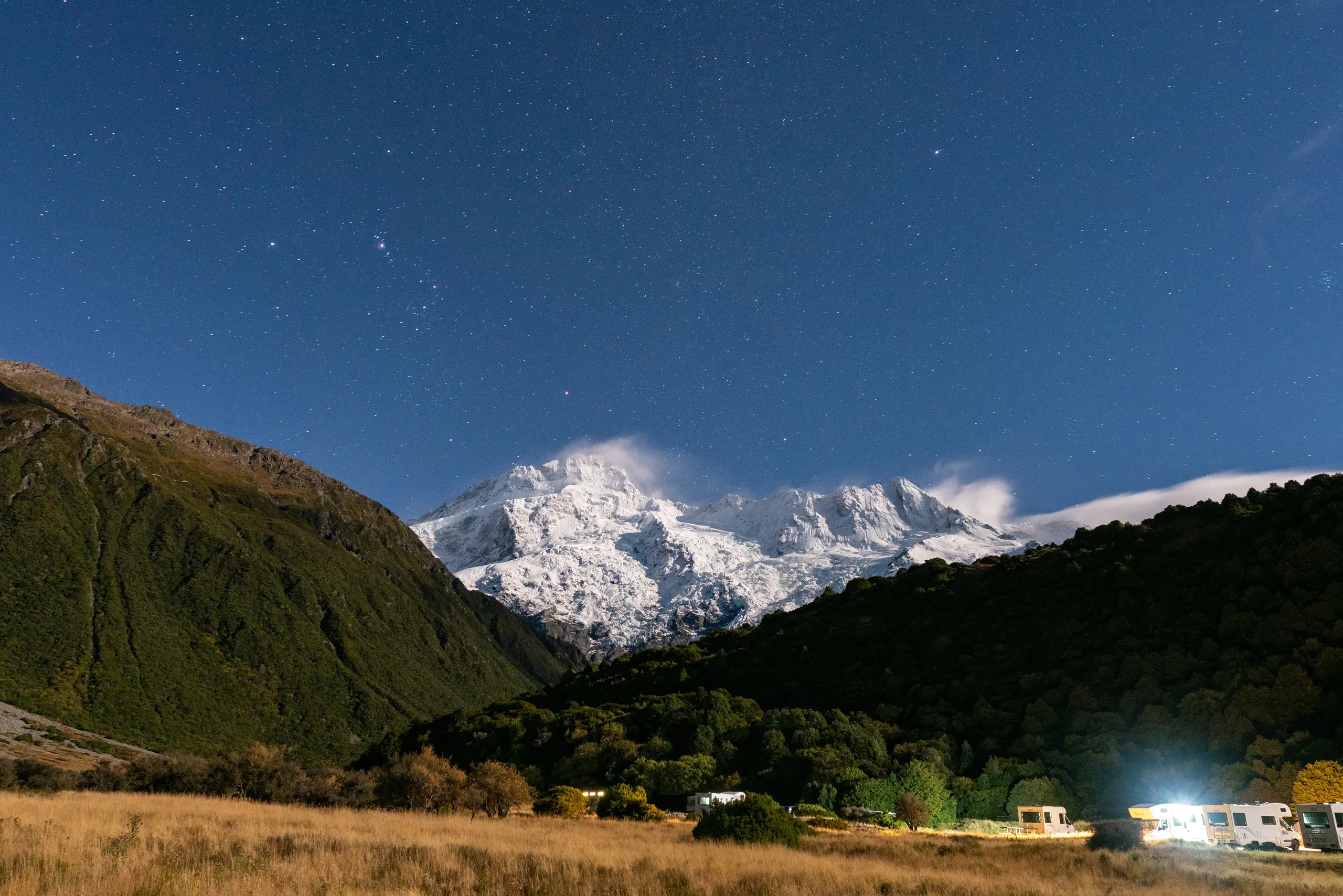 Mt Sefton viewed from the campsite. This night was clear and windy.