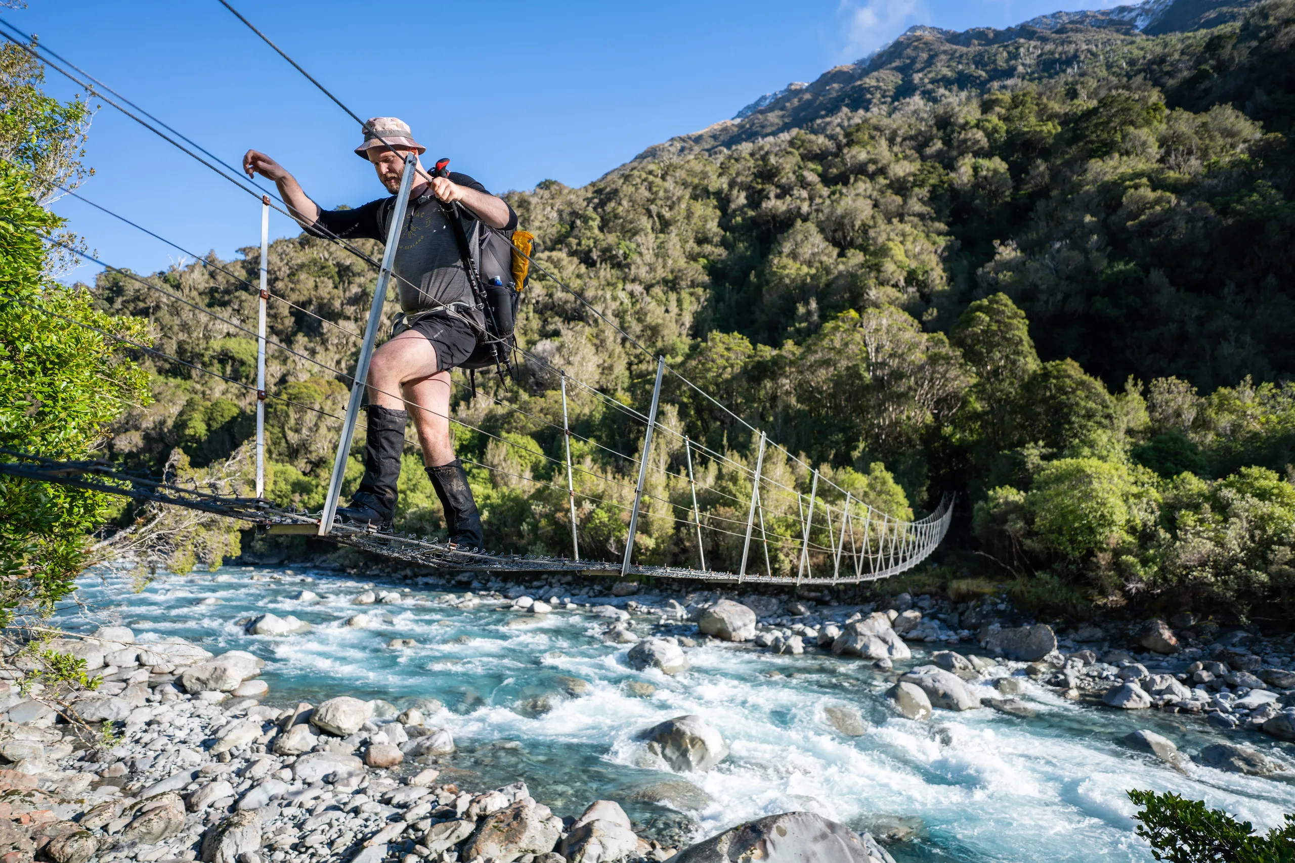 Crossing the river at the bridge between Mid Taipo and Julia Huts